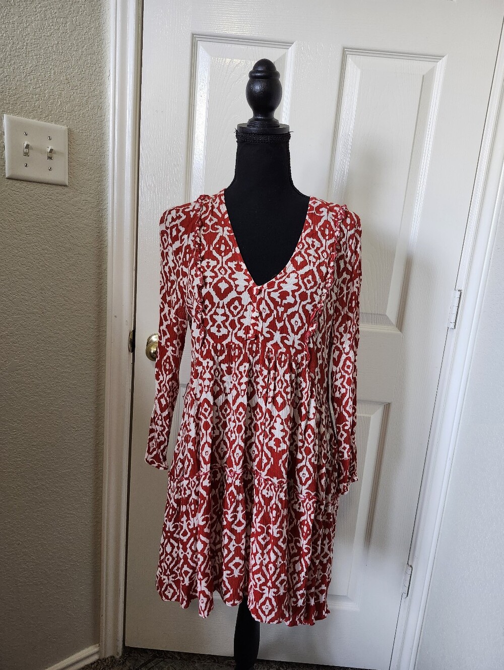 Zara Red and White V-Neck Tiered Mini Dress